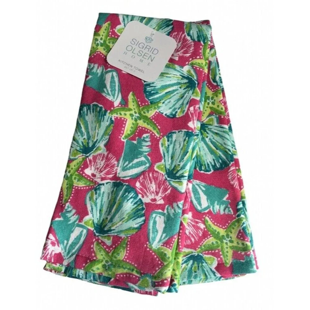 Sigrid Olsen Kitchen Dish Towels Set of 2 Starfish Shells Beach House Pink Green